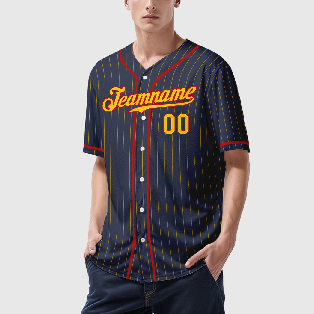 Custom Navy Yellow Red Piping Pinstripe Baseball Jersey