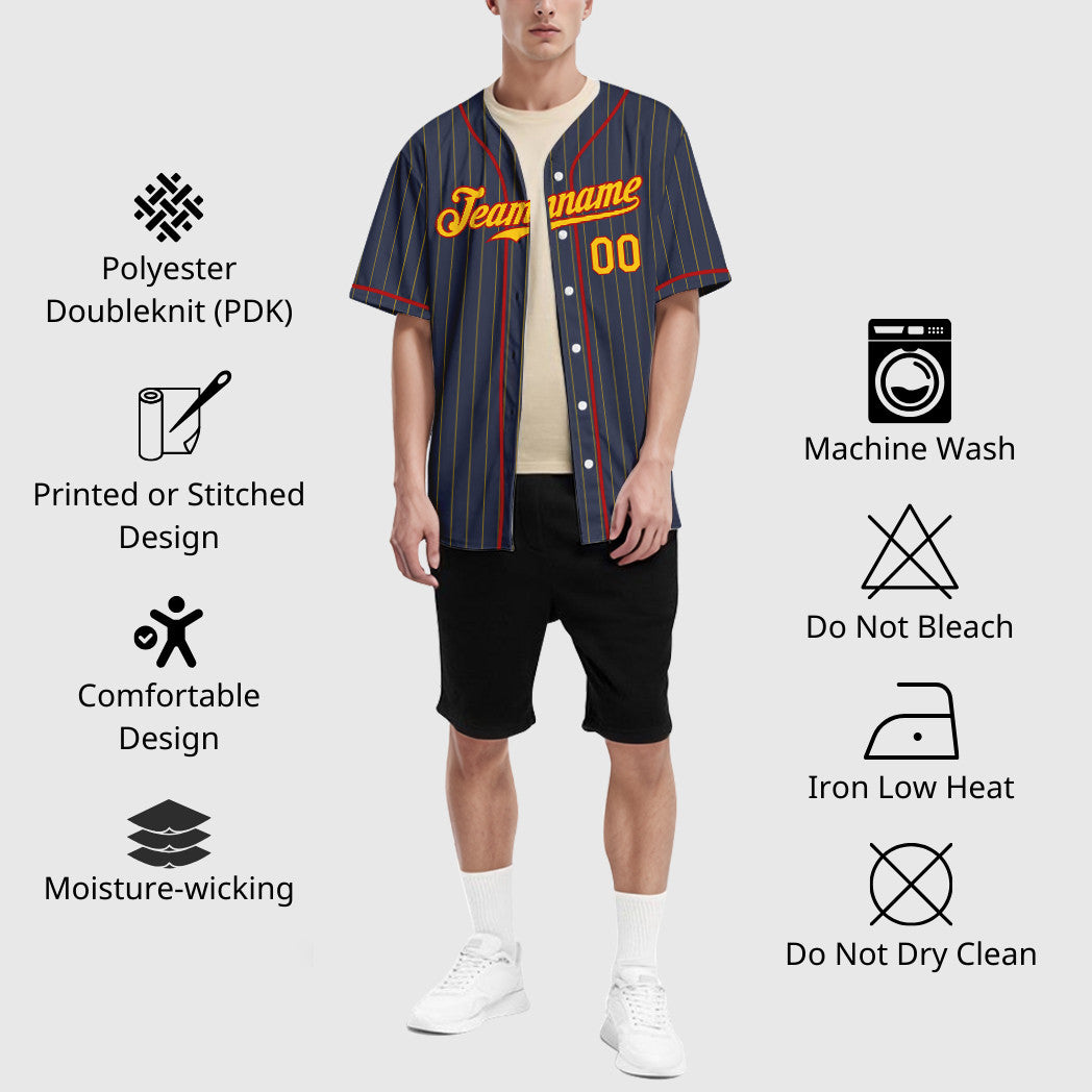 Custom Navy Yellow Red Piping Pinstripe Baseball Jersey