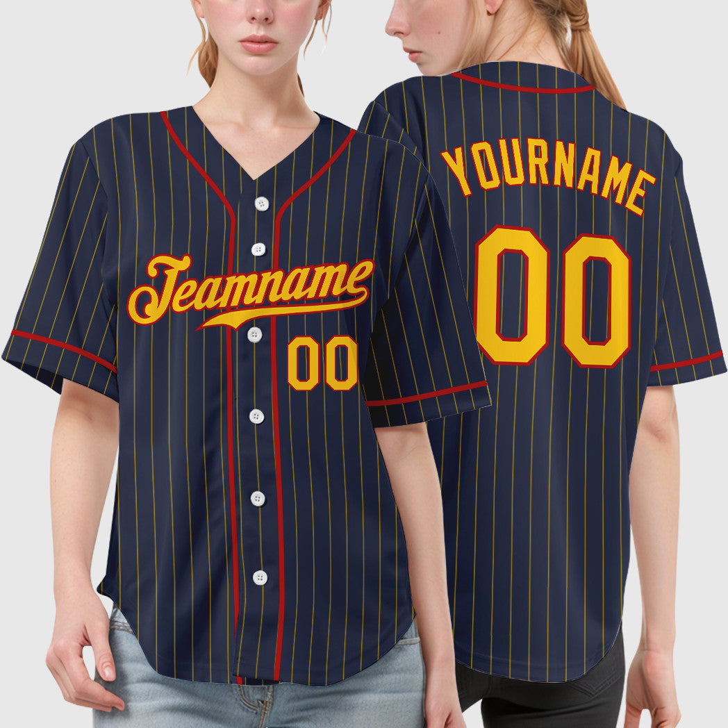 Custom Navy Yellow Red Piping Pinstripe Baseball Jersey