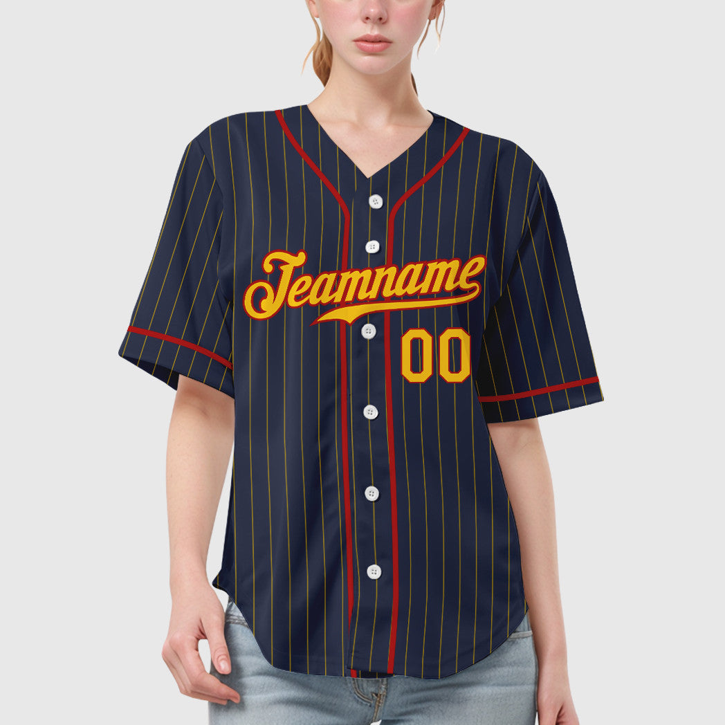 Custom Navy Yellow Red Piping Pinstripe Baseball Jersey