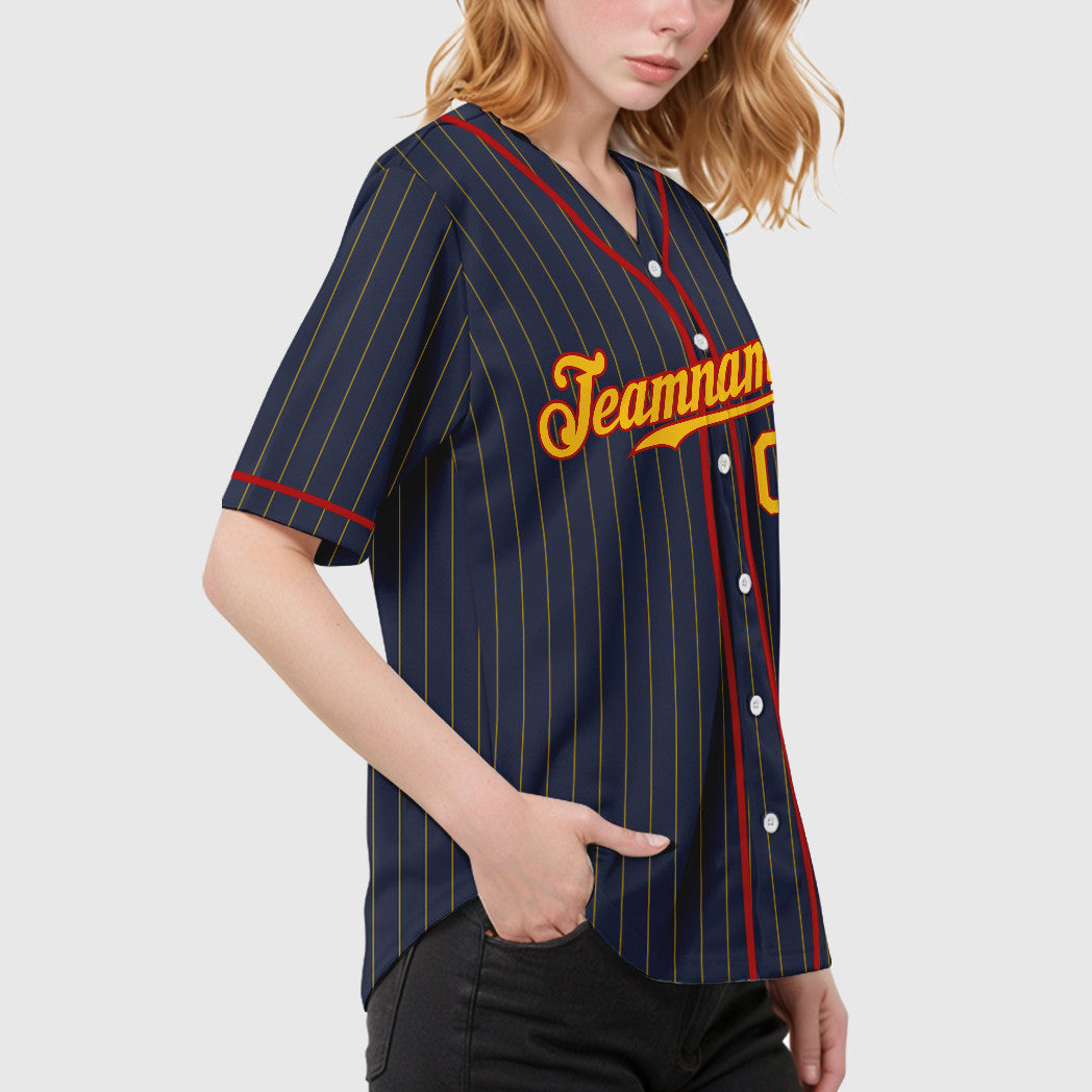 Custom Navy Yellow Red Piping Pinstripe Baseball Jersey