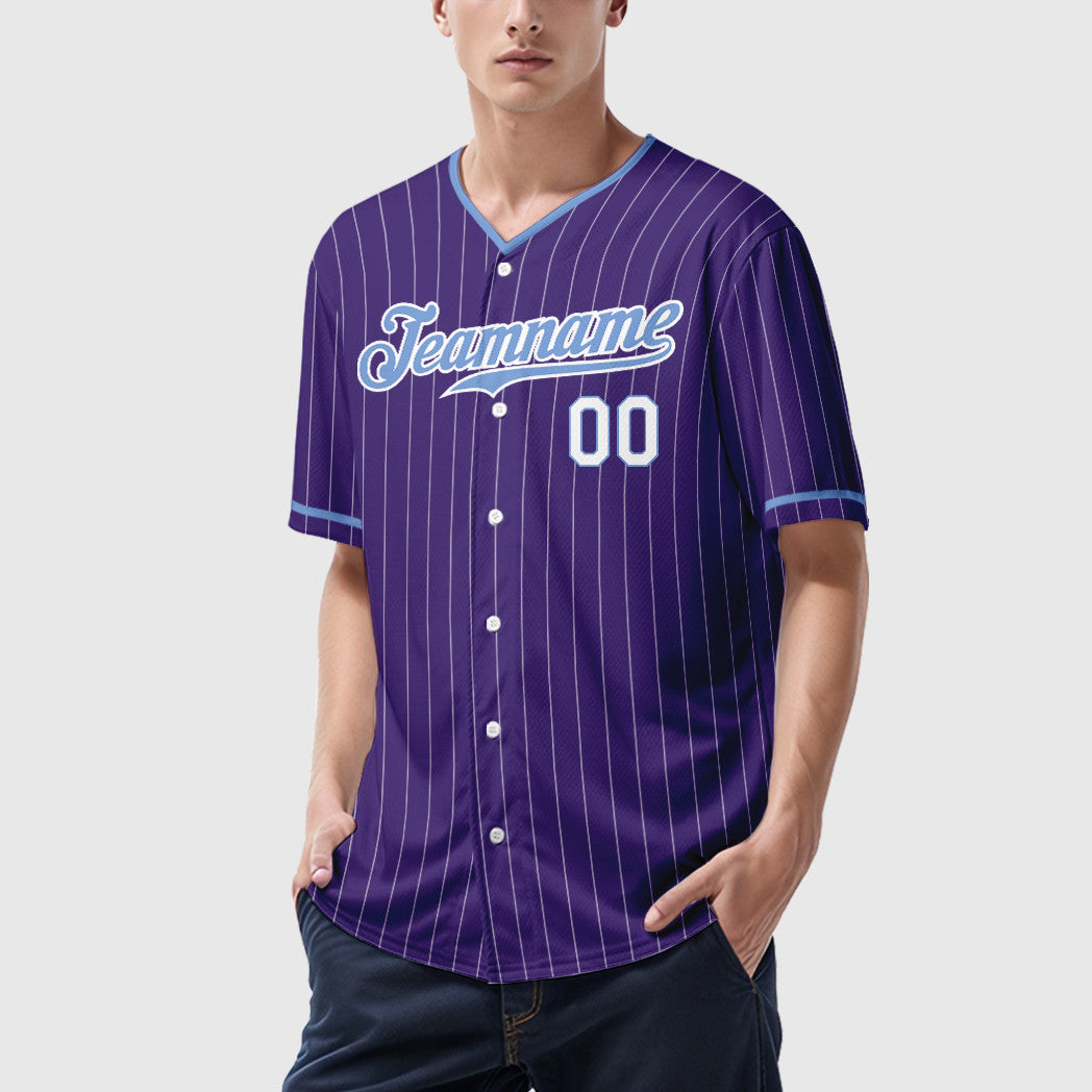 Custom Purple White Light Blue-White Pinstripe Baseball Jersey