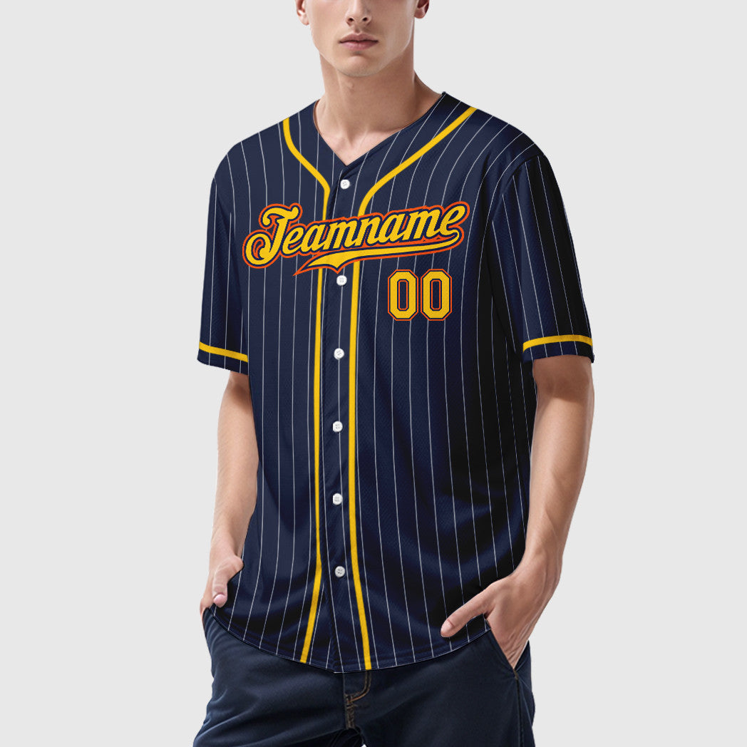Custom Navy White Gold-Orange Piping Pinstripe Baseball Jersey