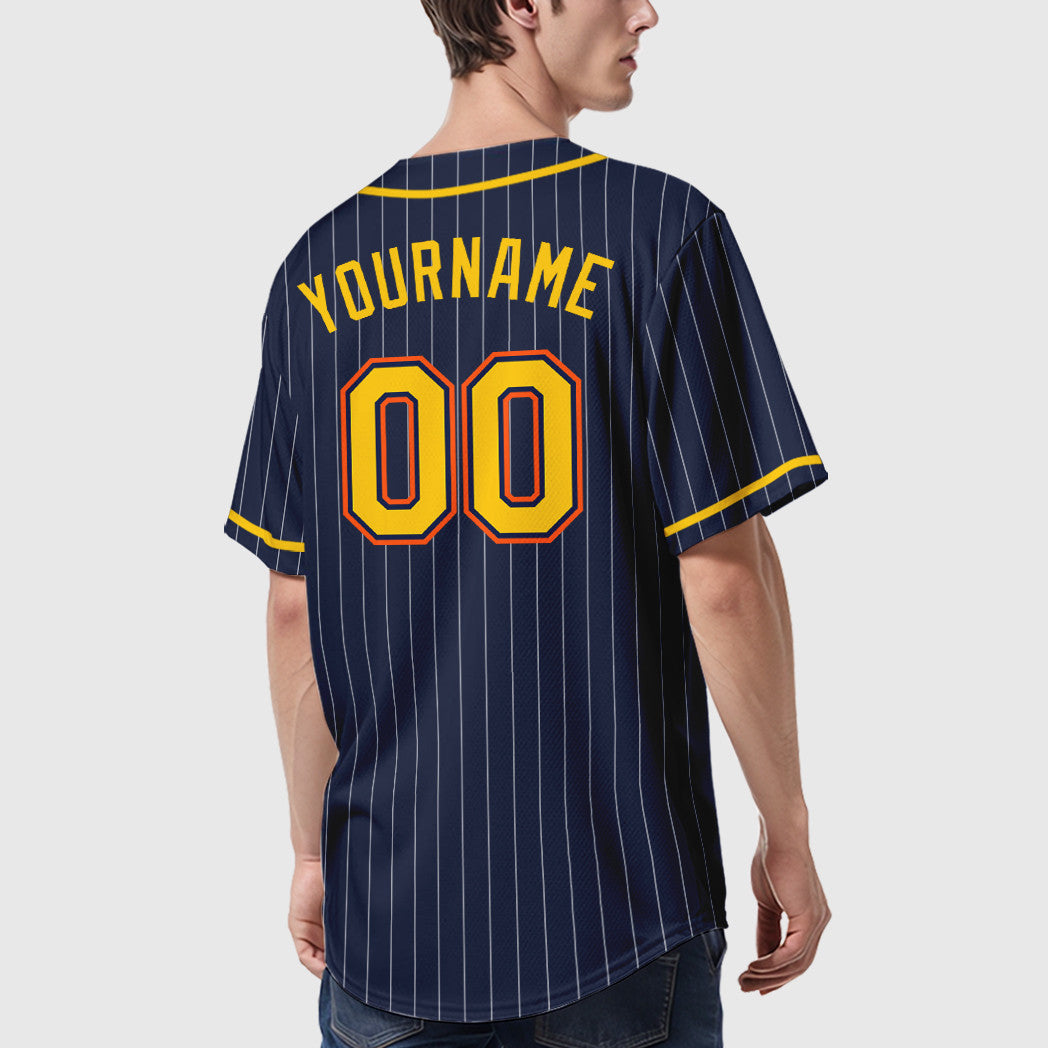 Custom Navy White Gold-Orange Piping Pinstripe Baseball Jersey