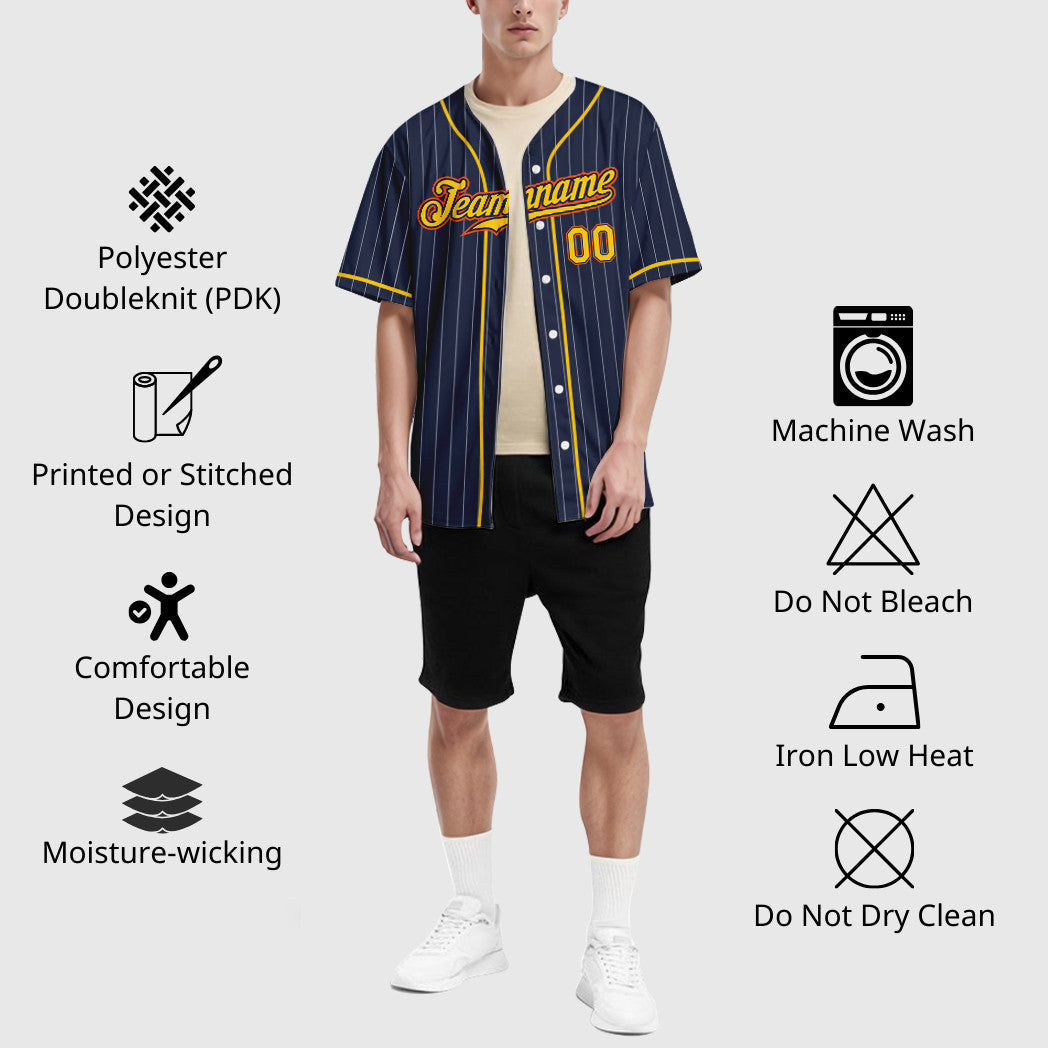 Custom Navy White Gold-Orange Piping Pinstripe Baseball Jersey