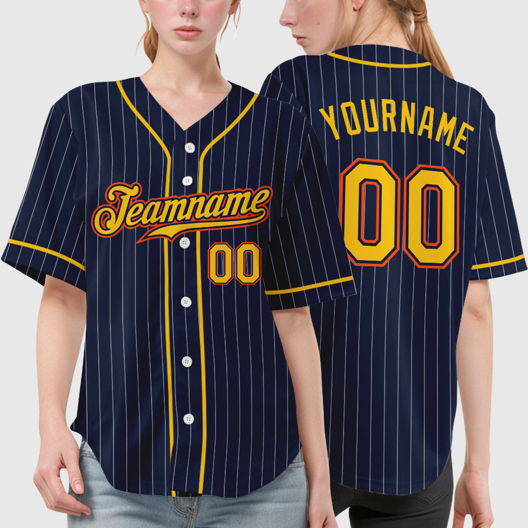 Custom Navy White Gold-Orange Piping Pinstripe Baseball Jersey