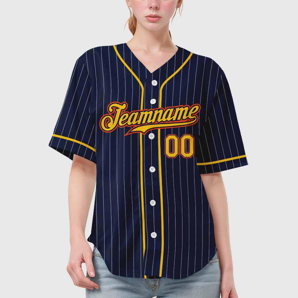 Custom Navy White Gold-Orange Piping Pinstripe Baseball Jersey
