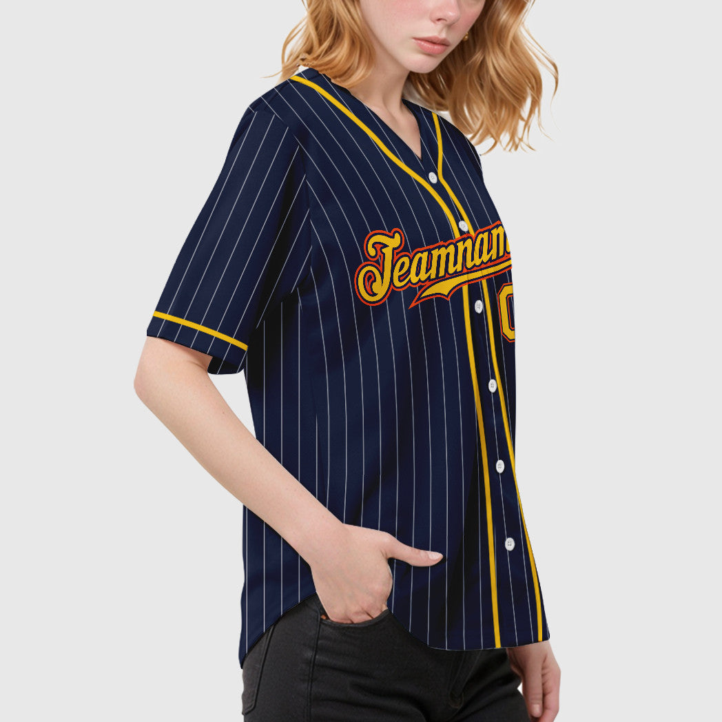 Custom Navy White Gold-Orange Piping Pinstripe Baseball Jersey