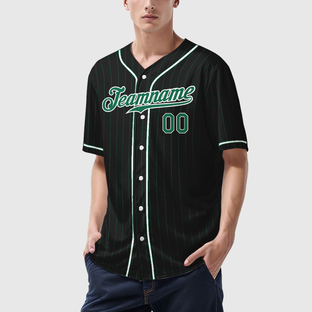 Custom Black Kelly Green Kelly Green-White Piping Pinstripe Baseball Jersey