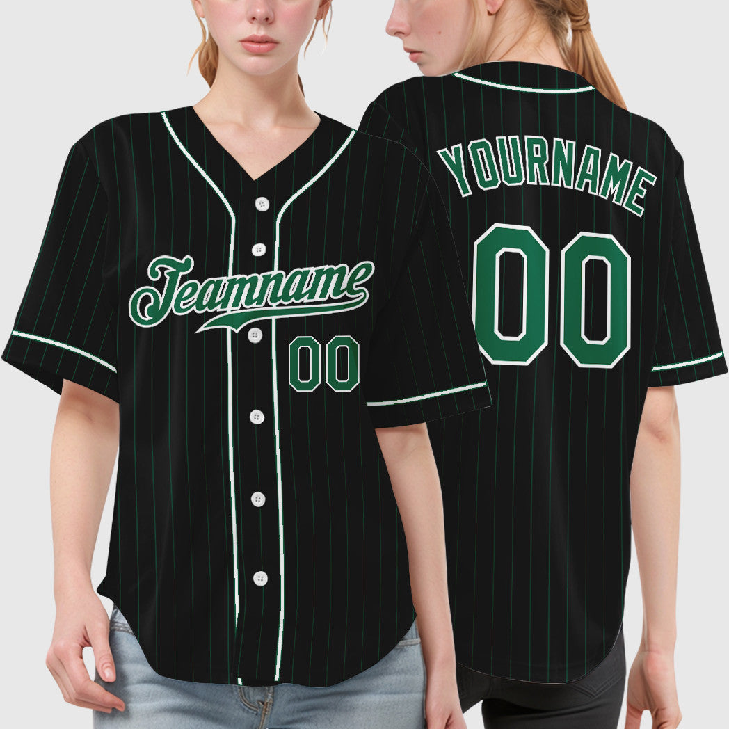 Custom Black Kelly Green Kelly Green-White Piping Pinstripe Baseball Jersey