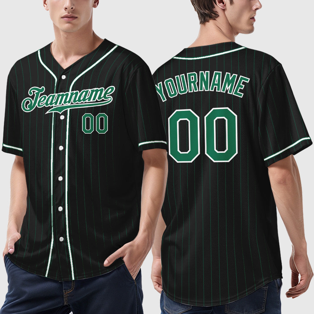 Custom Black Kelly Green Kelly Green-White Piping Pinstripe Baseball Jersey