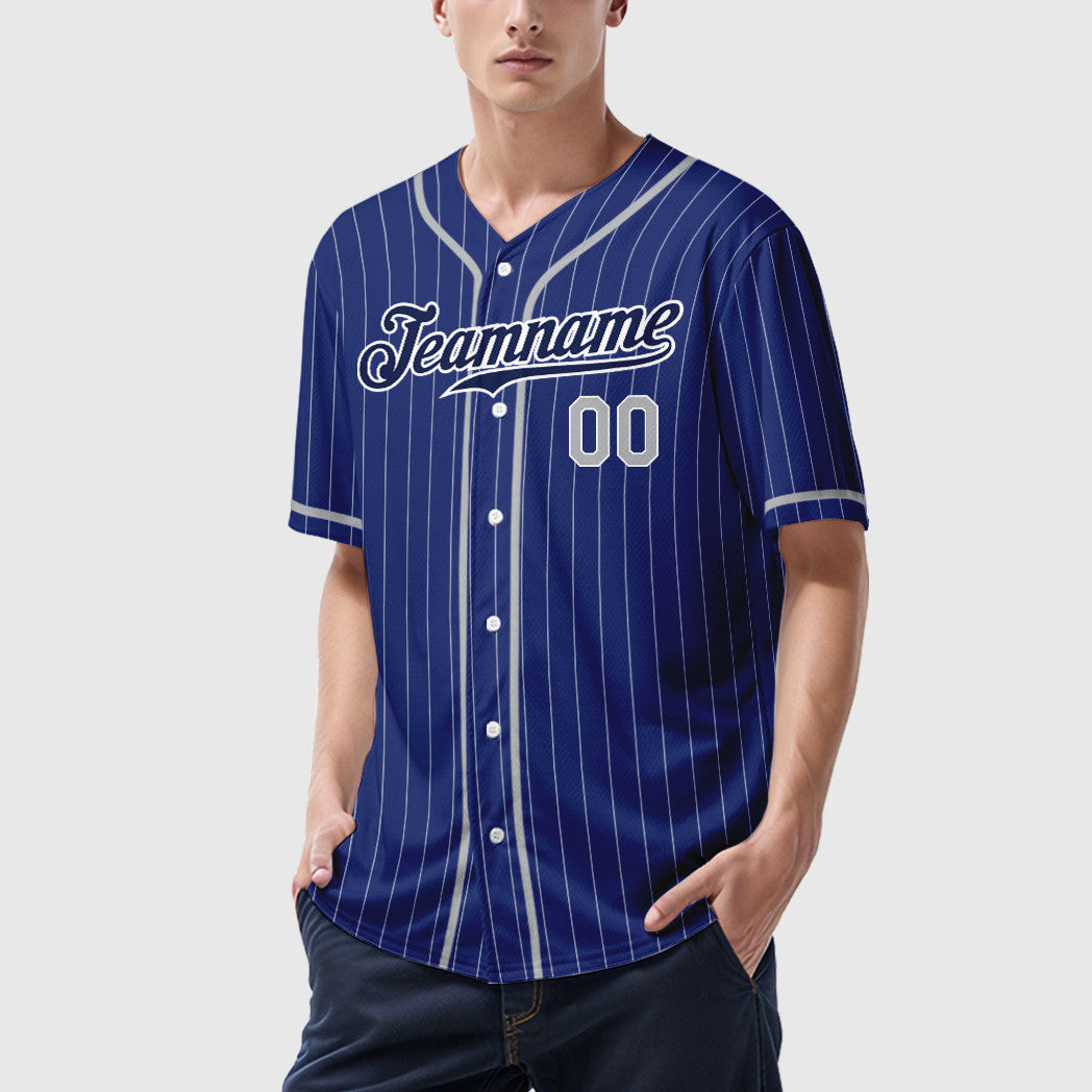 Custom Royal White Gray-Navy Piping Pinstripe Baseball Jersey