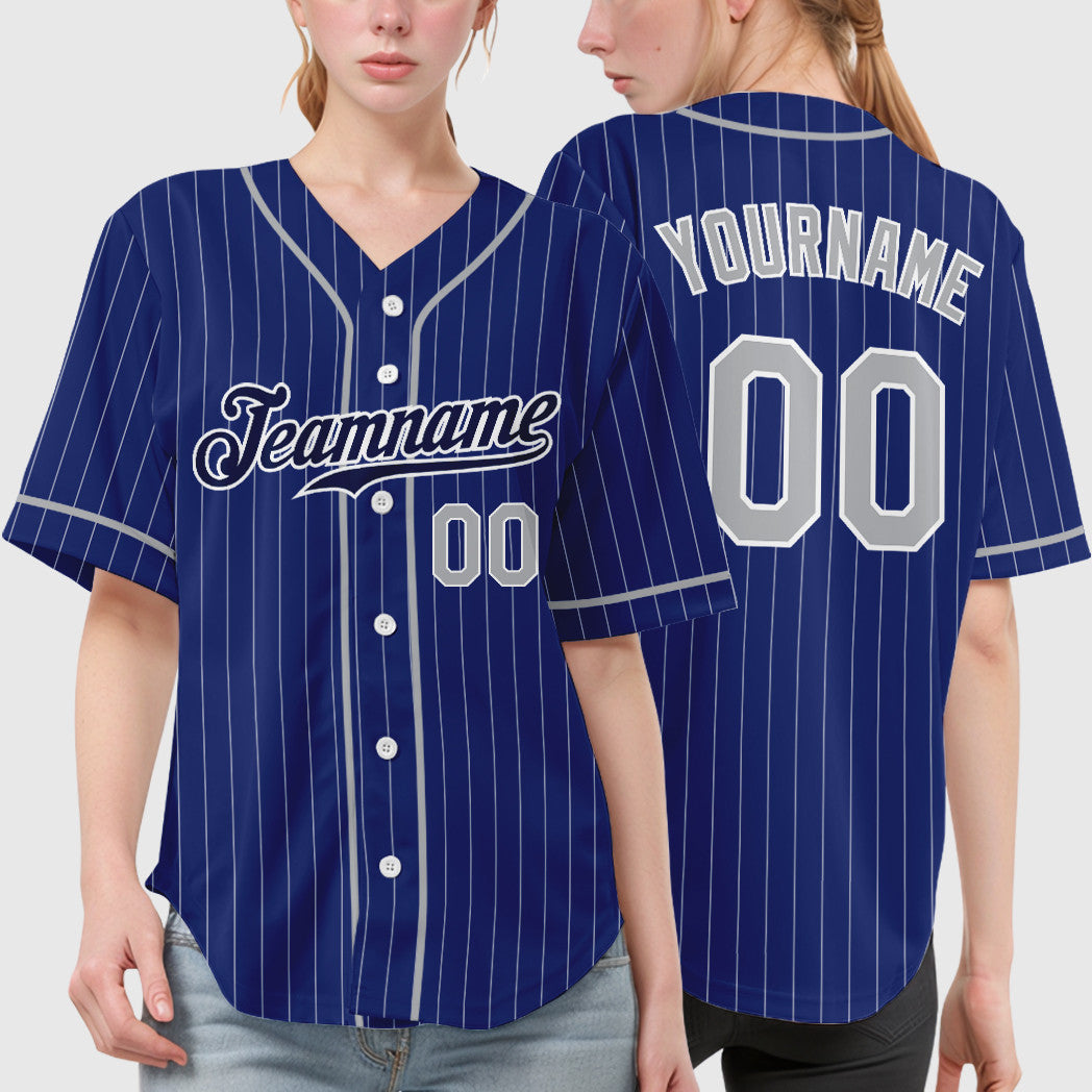 Custom Royal White Gray-Navy Piping Pinstripe Baseball Jersey