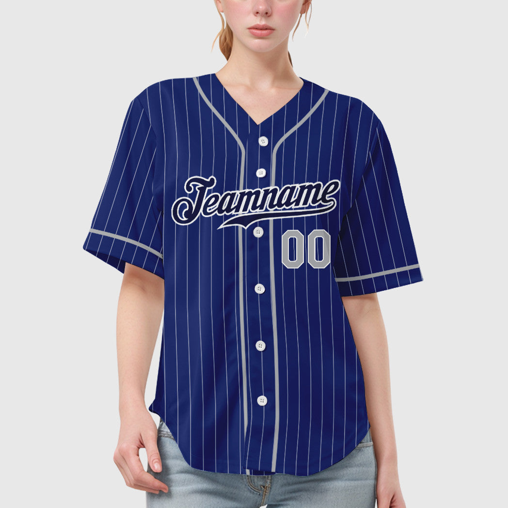 Custom Royal White Gray-Navy Piping Pinstripe Baseball Jersey