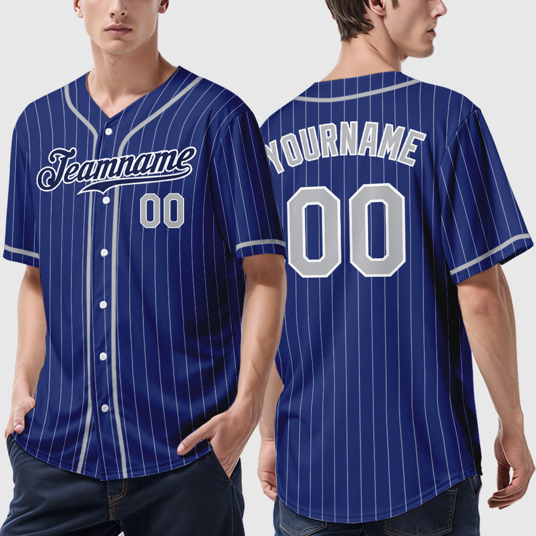 Custom Royal White Gray-Navy Piping Pinstripe Baseball Jersey
