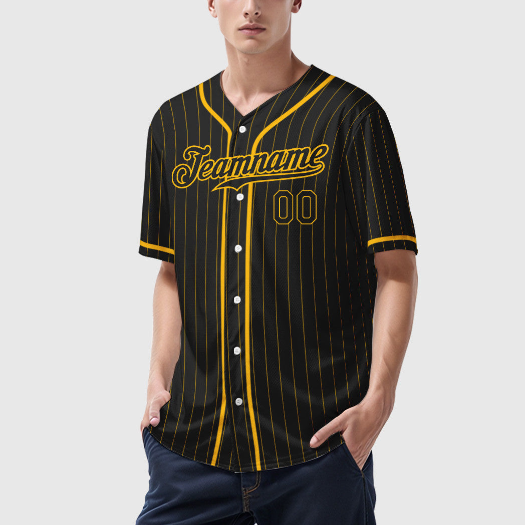 Custom Black Gold Black Piping Pinstripe Baseball Jersey