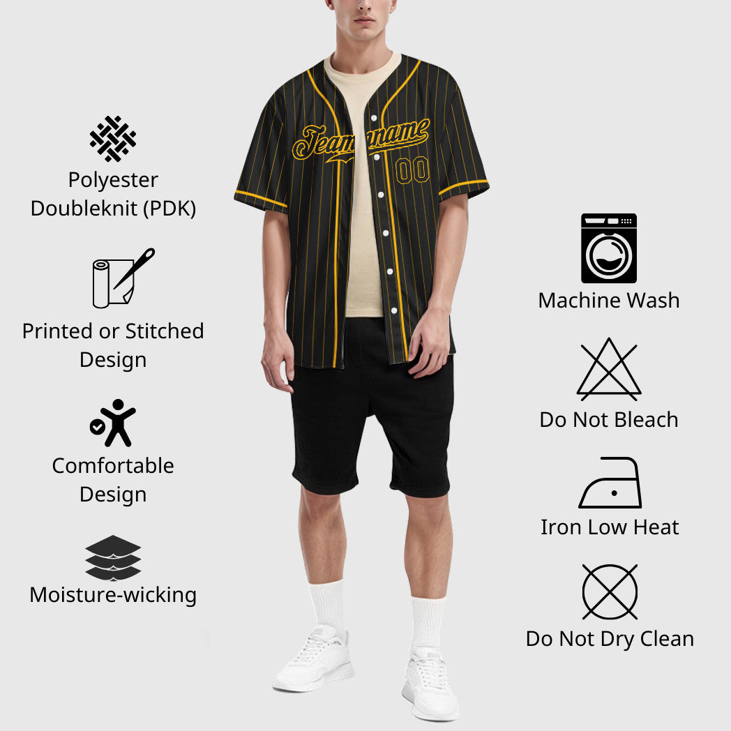 Custom Black Gold Black Piping Pinstripe Baseball Jersey