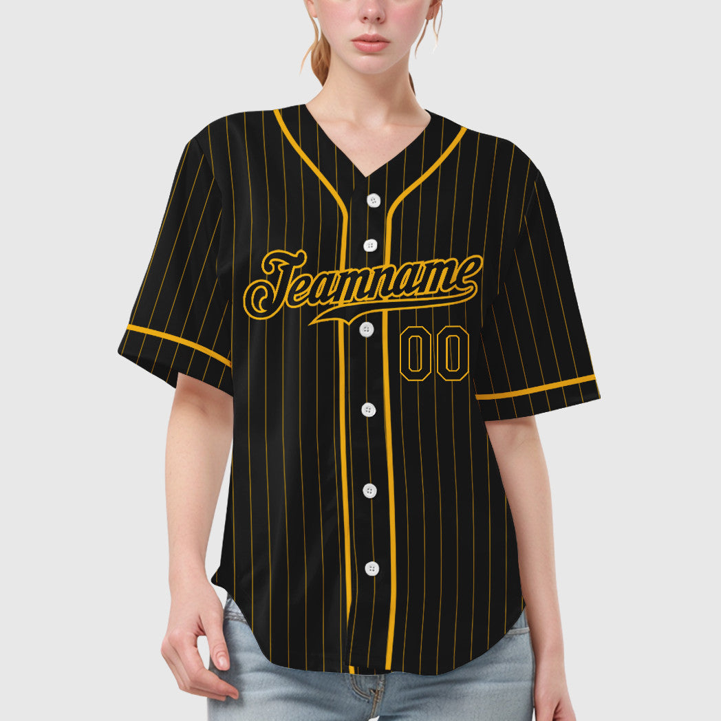 Custom Black Gold Black Piping Pinstripe Baseball Jersey