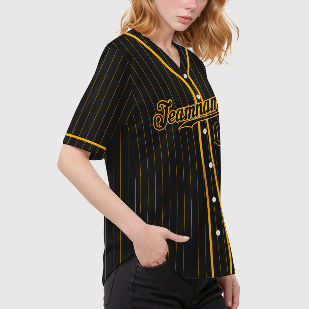 Custom Black Gold Black Piping Pinstripe Baseball Jersey