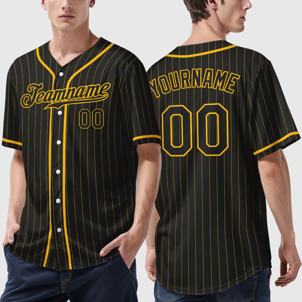 Custom Black Gold Black Piping Pinstripe Baseball Jersey