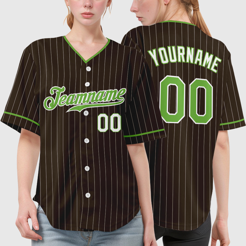 Custom Brown White Neon Green-White Pinstripe Baseball Jersey