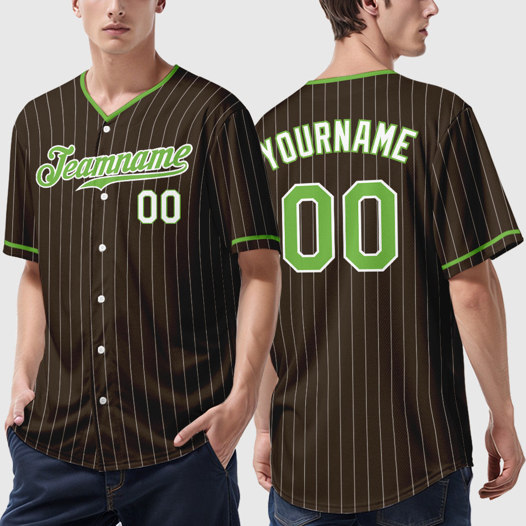 Custom Brown White Neon Green-White Pinstripe Baseball Jersey