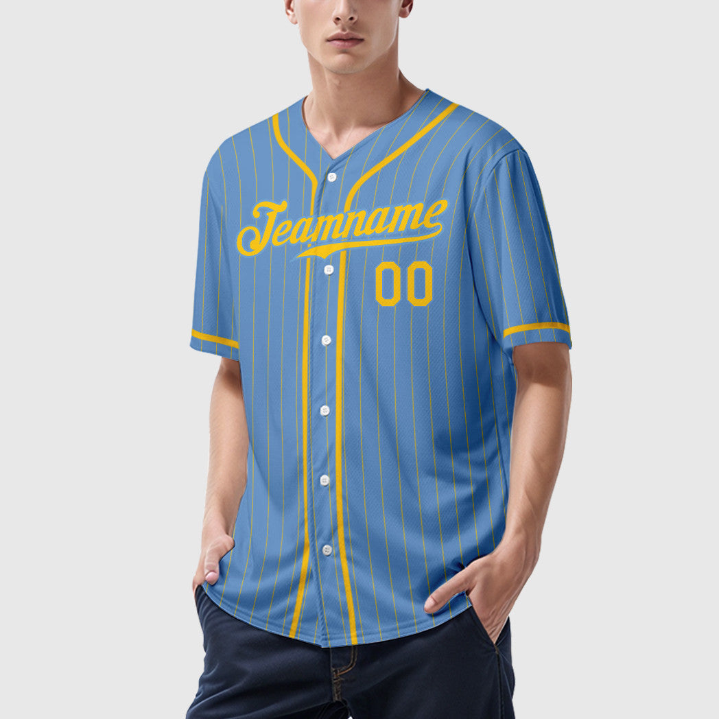 Custom Light Blue Yellow Yellow Piping Pinstripe Baseball Jersey