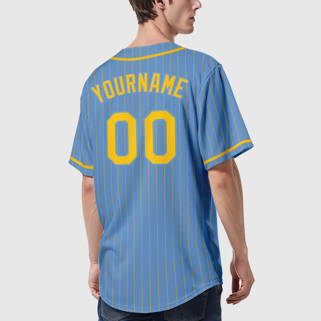 Custom Light Blue Yellow Yellow Piping Pinstripe Baseball Jersey