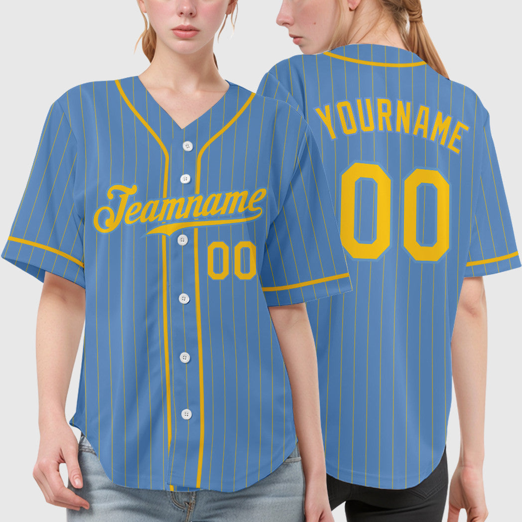 Custom Light Blue Yellow Yellow Piping Pinstripe Baseball Jersey