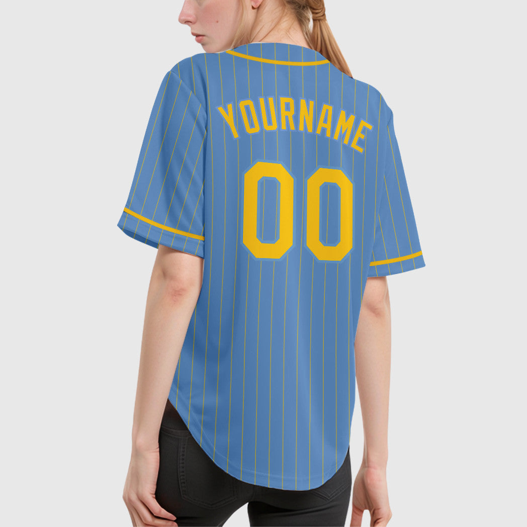 Custom Light Blue Yellow Yellow Piping Pinstripe Baseball Jersey