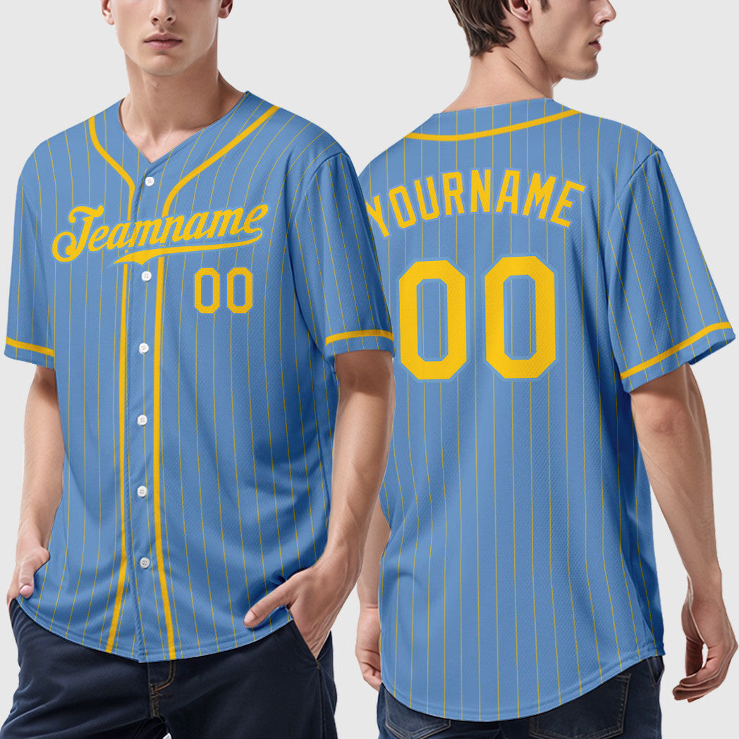 Custom Light Blue Yellow Yellow Piping Pinstripe Baseball Jersey