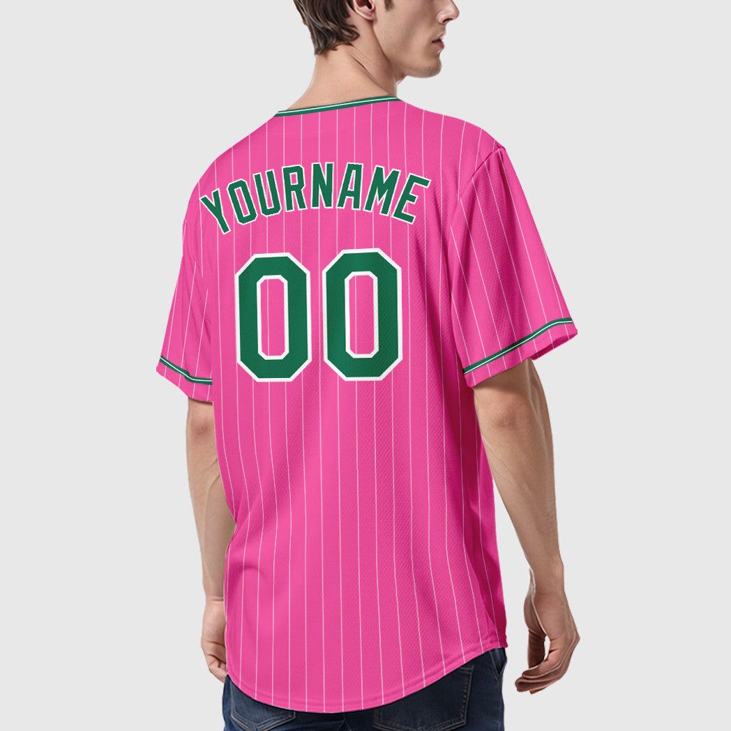 Custom Pink White Kelly Green Pinstripe Baseball Jersey