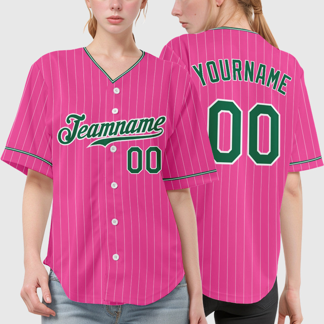 Custom Pink White Kelly Green Pinstripe Baseball Jersey