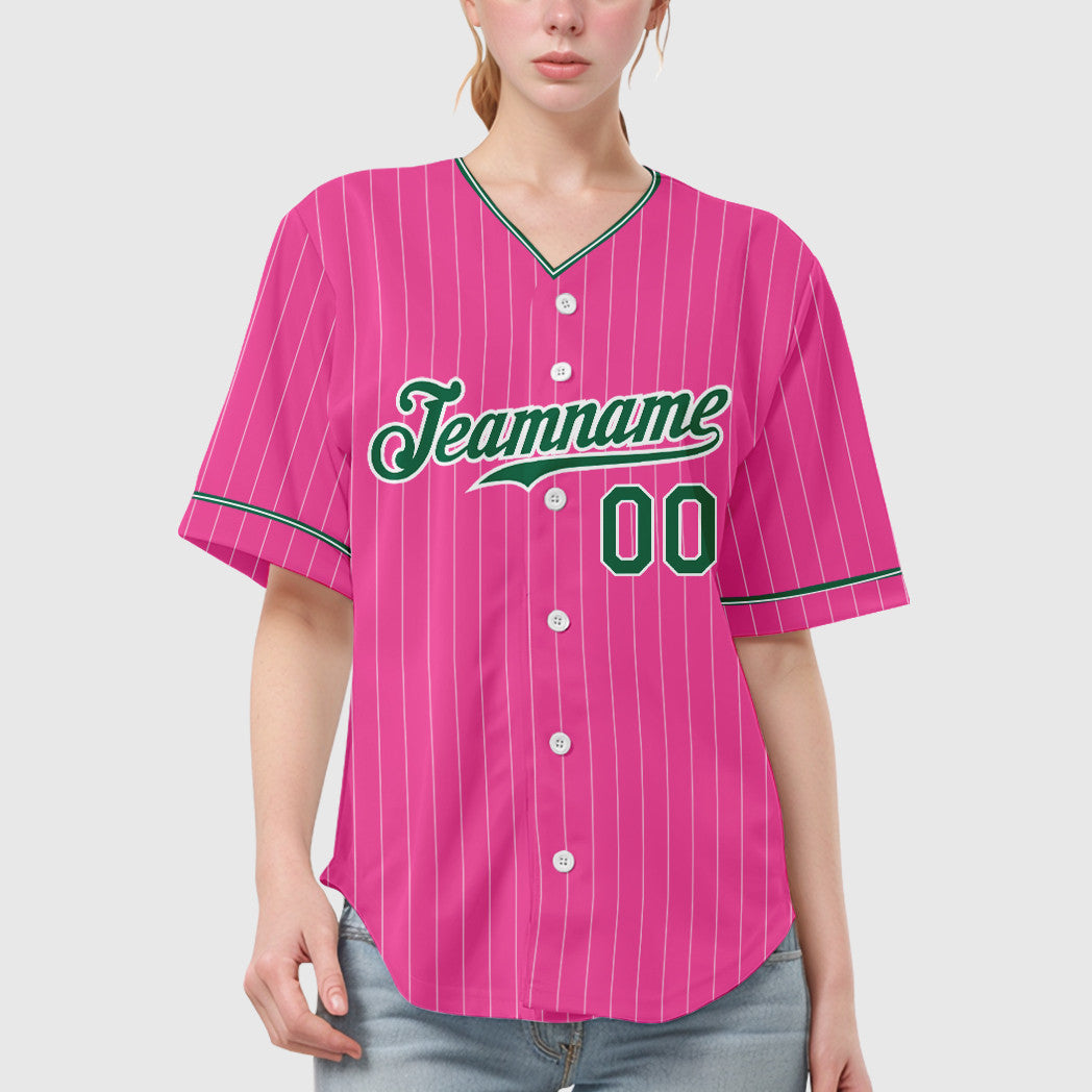 Custom Pink White Kelly Green Pinstripe Baseball Jersey
