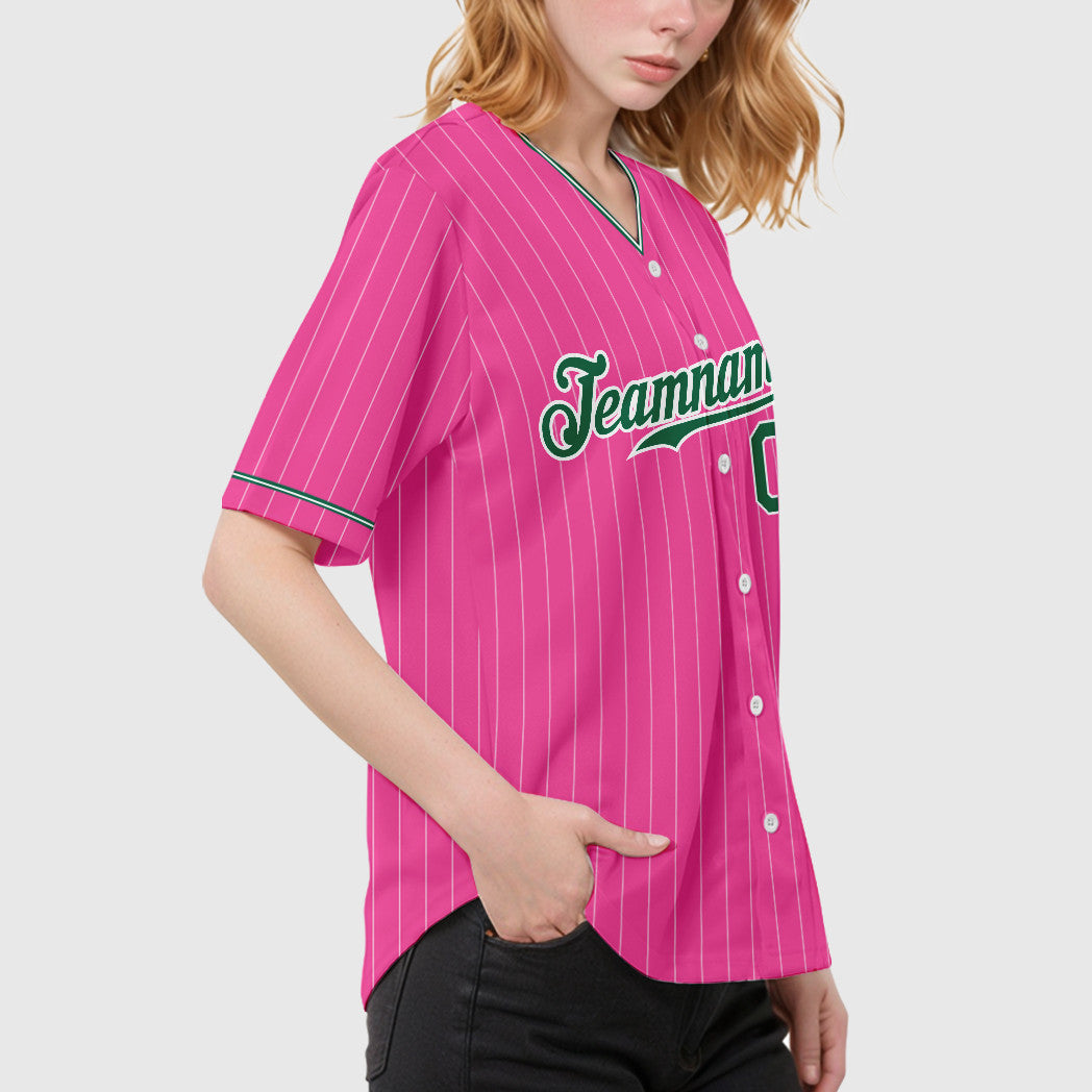 Custom Pink White Kelly Green Pinstripe Baseball Jersey