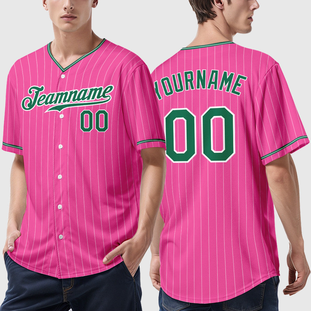 Custom Pink White Kelly Green Pinstripe Baseball Jersey
