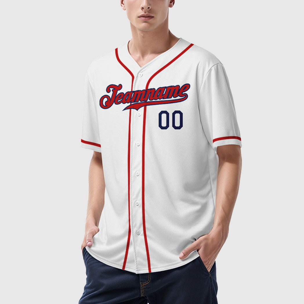 Custom White Navy Red Sleeve Baseball Jersey