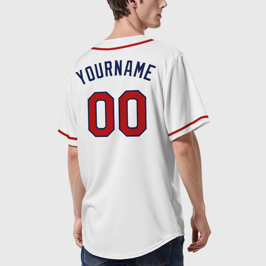 Custom White Navy Red Sleeve Baseball Jersey