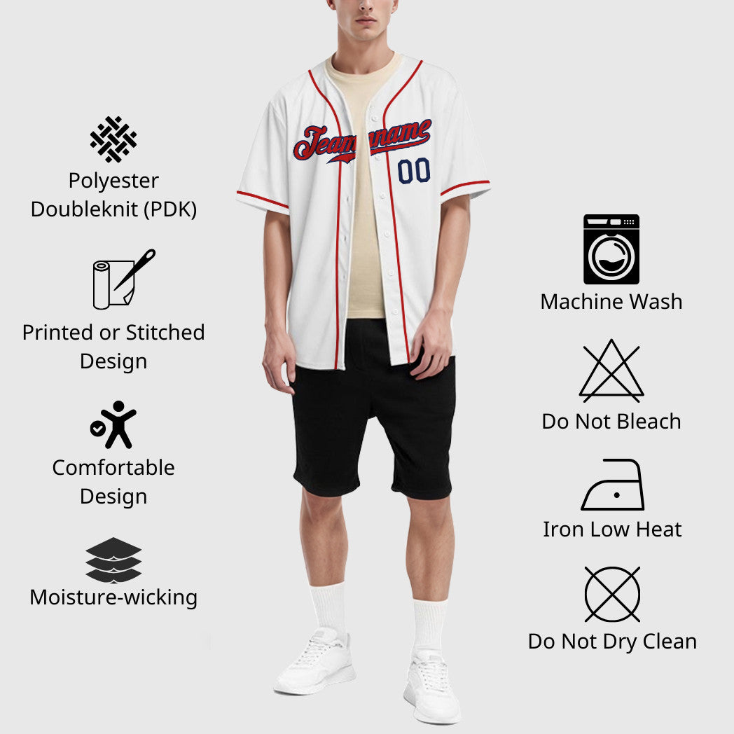 Custom White Navy Red Sleeve Baseball Jersey