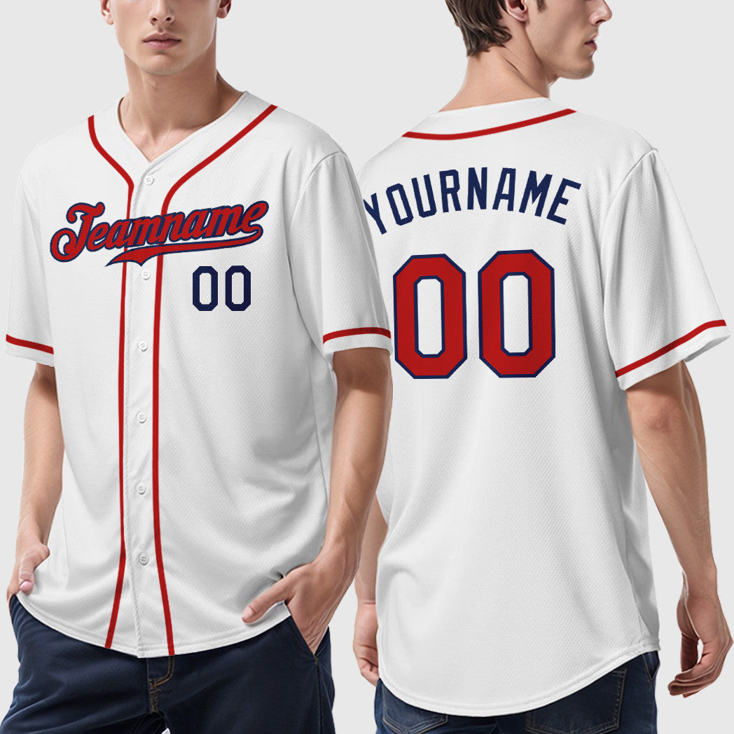 Custom White Navy Red Sleeve Baseball Jersey
