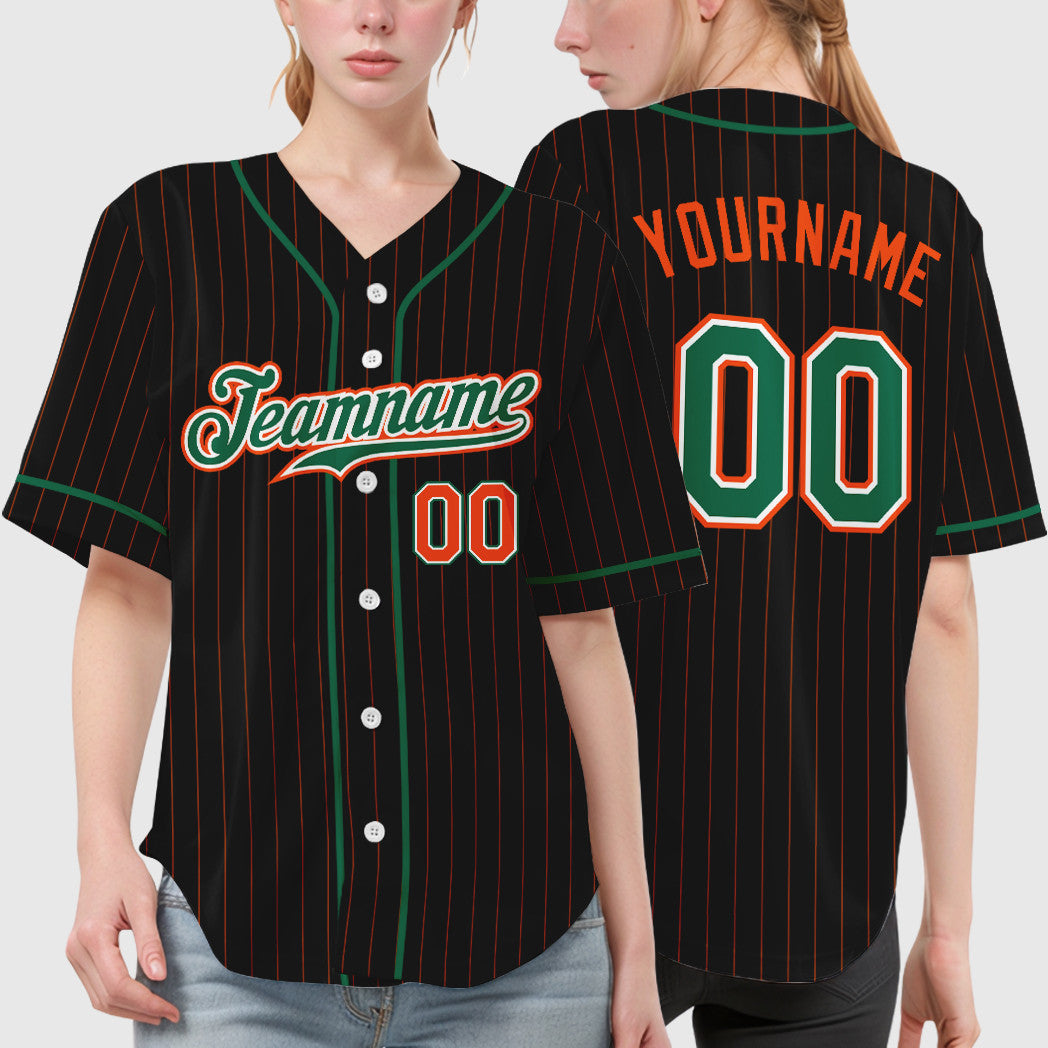 Custom Black Orange Kelly Green-White Piping Pinstripe Baseball Jersey