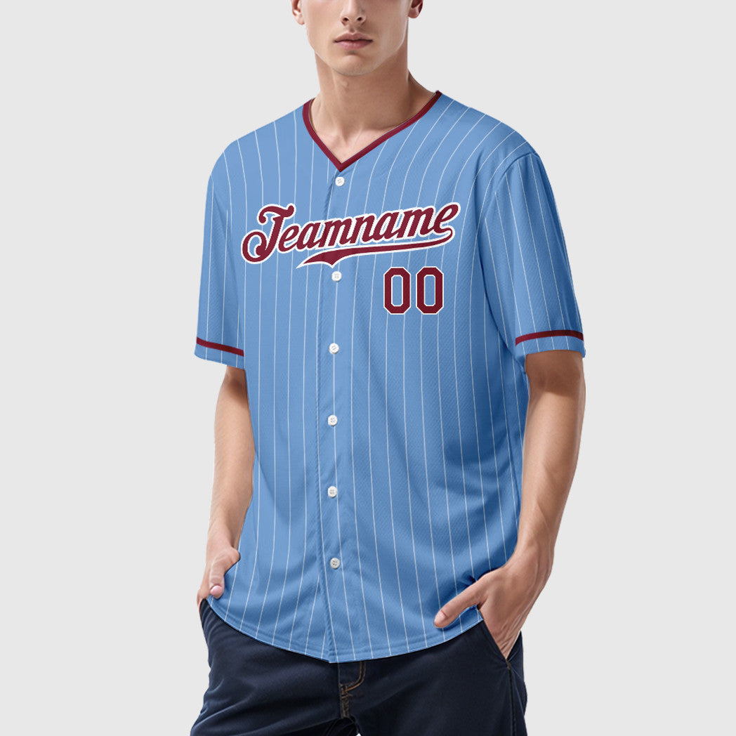 Custom Light Blue White Crimson Pinstripe Baseball Jersey
