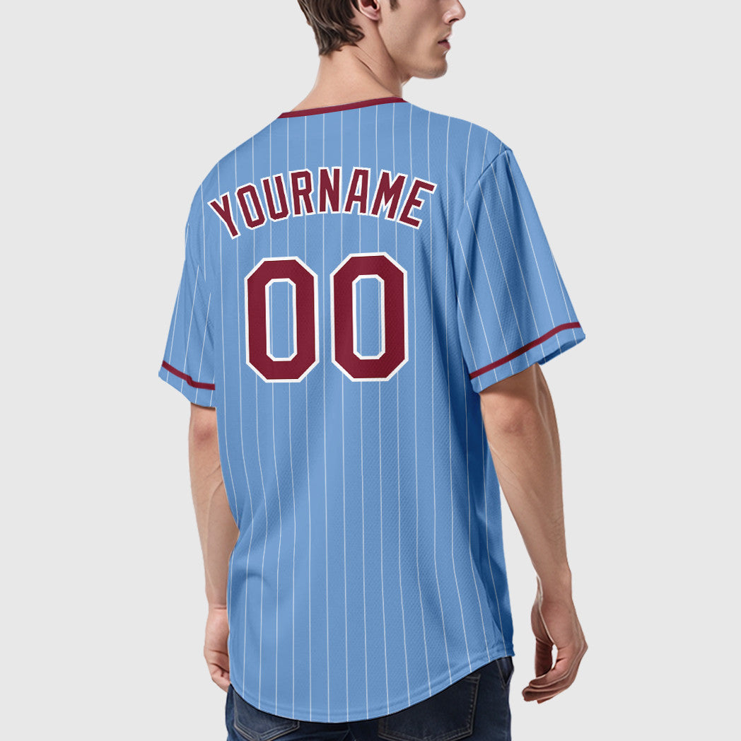 Custom Light Blue White Crimson Pinstripe Baseball Jersey