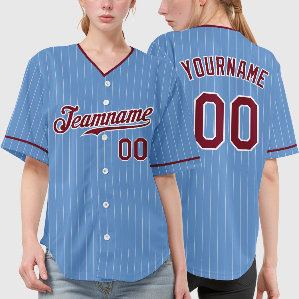 Custom Light Blue White Crimson Pinstripe Baseball Jersey
