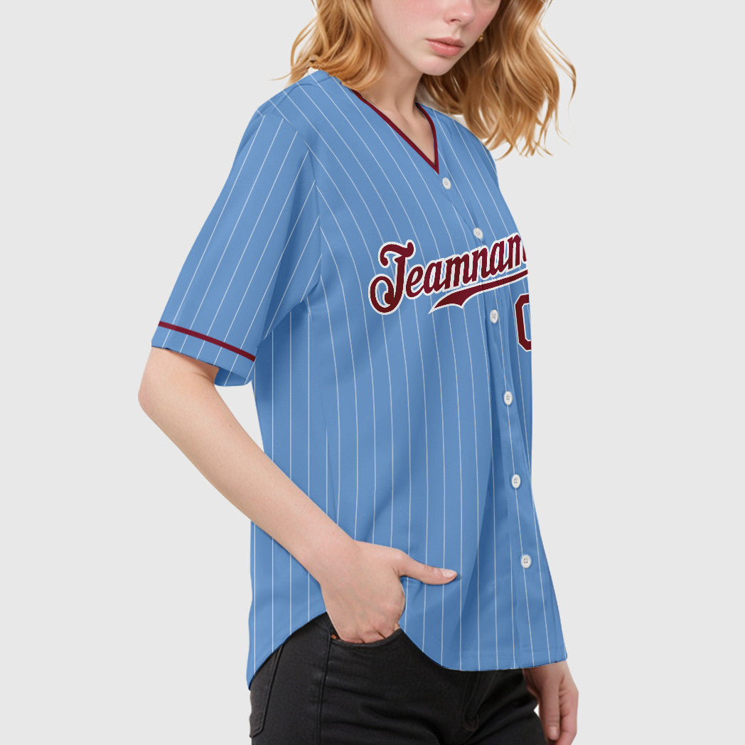 Custom Light Blue White Crimson Pinstripe Baseball Jersey