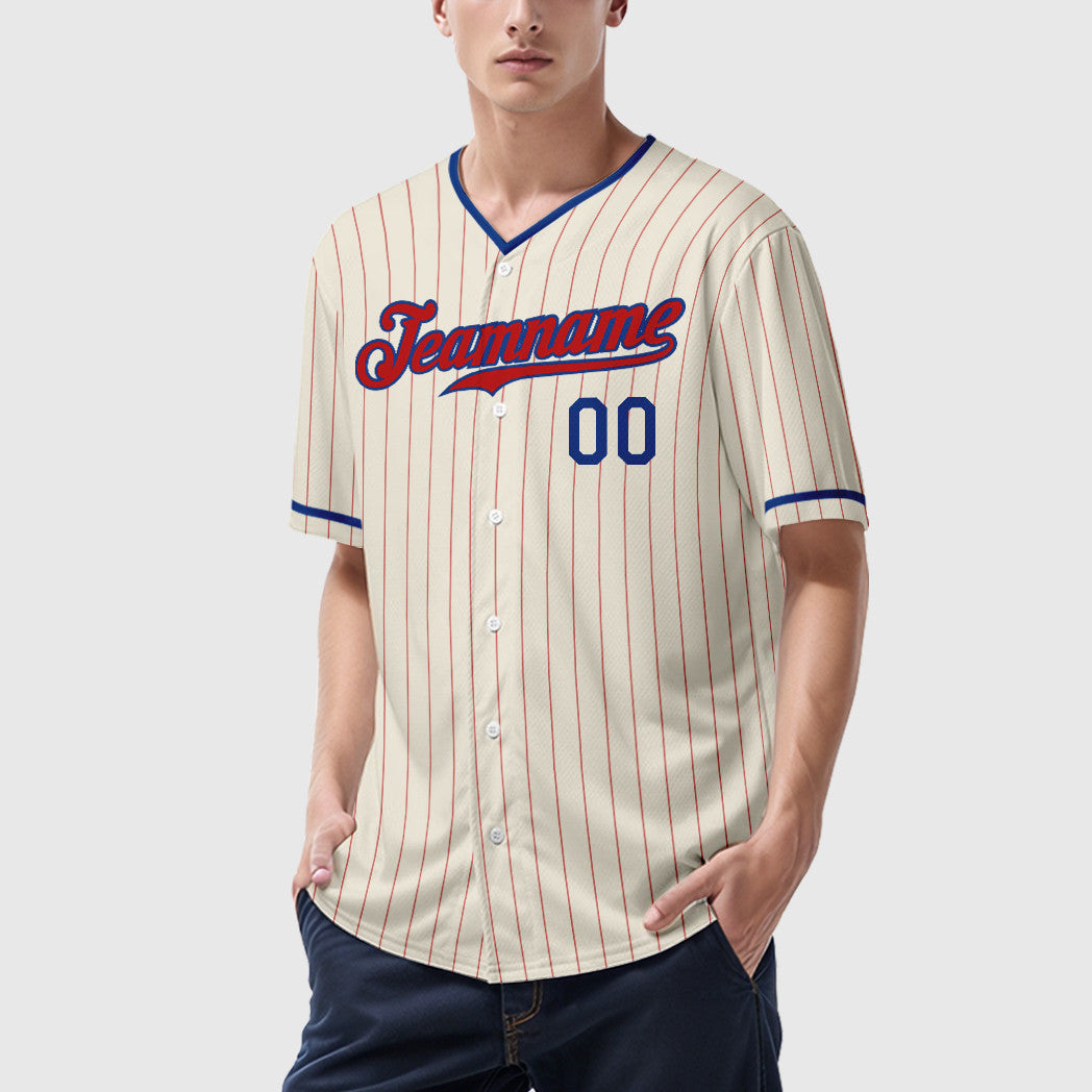 Custom Cream Red Red-Royal Pinstripe Baseball Jersey
