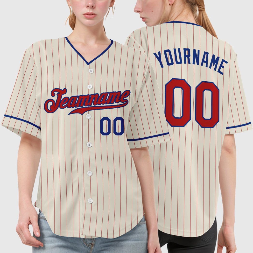Custom Cream Red Red-Royal Pinstripe Baseball Jersey