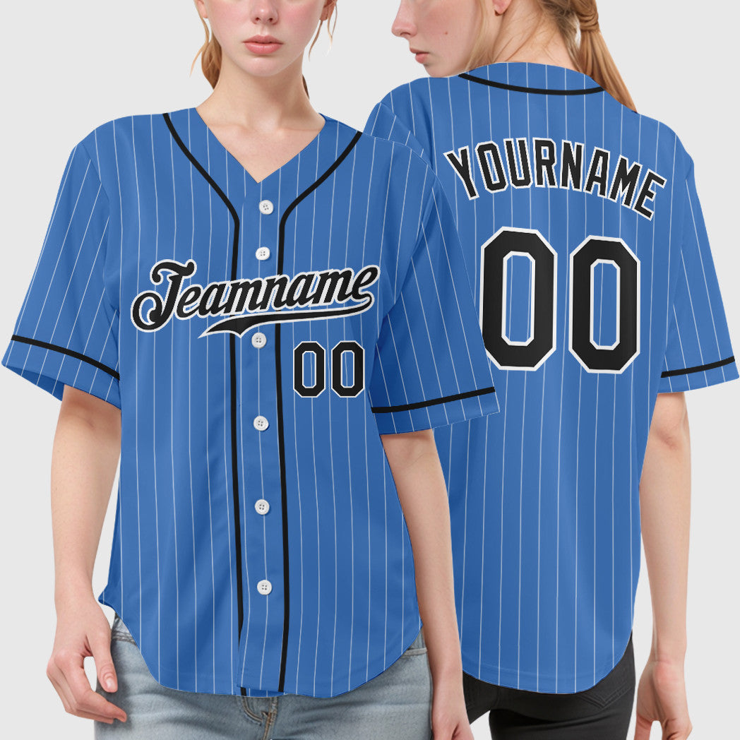 Custom Powder Blue White Black Piping Pinstripe Baseball Jersey