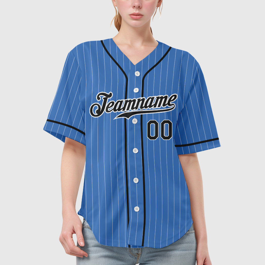 Custom Powder Blue White Black Piping Pinstripe Baseball Jersey