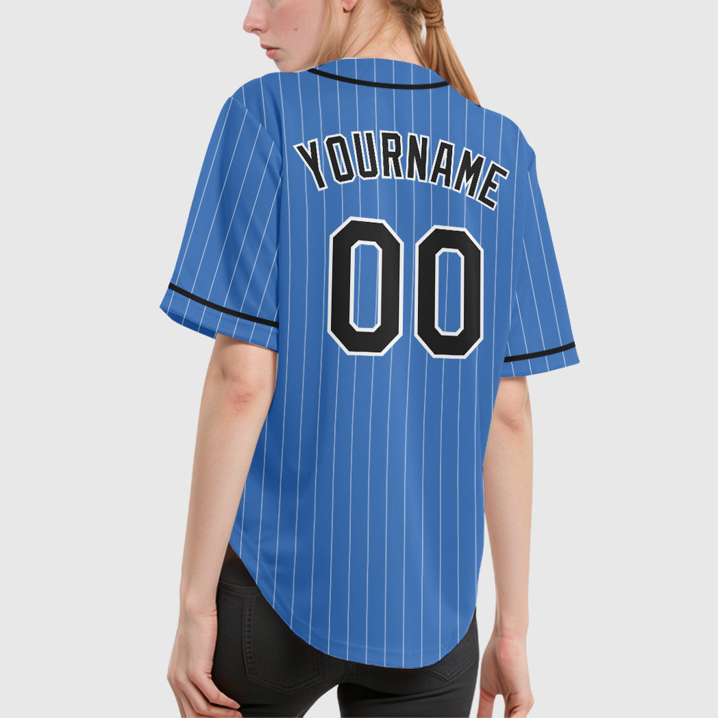 Custom Powder Blue White Black Piping Pinstripe Baseball Jersey